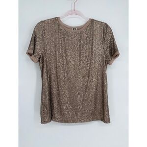 Anne Klein Womens Sequin Short Sleeve Top Champagne Bronze Mesh Trim Blouse Sz S